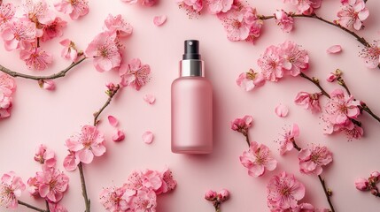 Surrounded by soft pink blossoms, a sleek beauty product captures the essence of springtime freshness. Enjoy the blend of nature and skincare that rejuvenates the senses