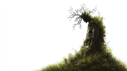 Ancient Ent-like Creature: A haunting digital painting of an ancient, moss-covered tree that resembles a mystical creature, its gnarled branches reaching skyward against a stark white background.