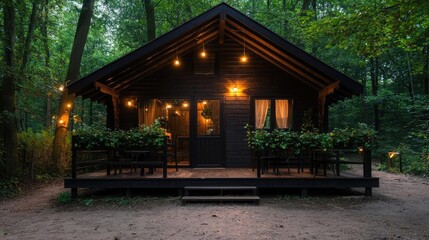 Cozy cabin in forest at dusk, outdoor seating, nature background, ideal for vacation rentals