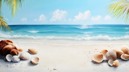Obraz premium Tropical Paradise Escape, serene beach with soft white sand, vibrant shells, gentle waves lapping at the shore, perfect for relaxation