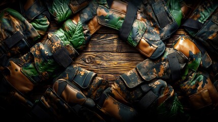 Rustic wooden background displays richly colored camouflage pouches artfully arranged. AI Generated