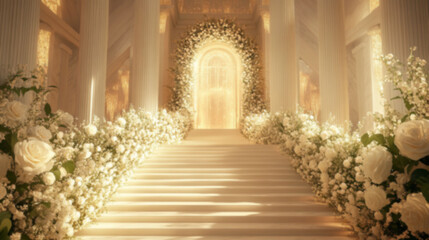 Obraz premium A grand white marble staircase leads to a rose arch framing a golden mirror door. Beyond, a crystal hall with vine-wrapped columns awaits, creating a magical wedding scene.