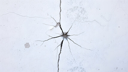 Textured background photograph of a white concrete wall. In the center is a large impact crack from being hit by a fist. Grunge. Debris. Wallpaper. Generative AI