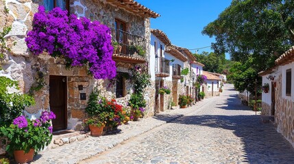 Charming cobblestone street, Spanish village, flowers, sunny day, travel postcard