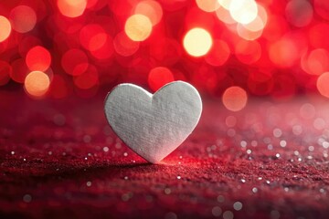Obraz premium Sweet white heart, bokeh-blurred, rests on a passionate red fabric. Perfect Valentine's Day scrapbook page.