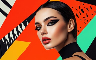 A high-fashion portrait of a woman with sleek dark hair and bold eyeliner, set against an abstract geometric-inspired background