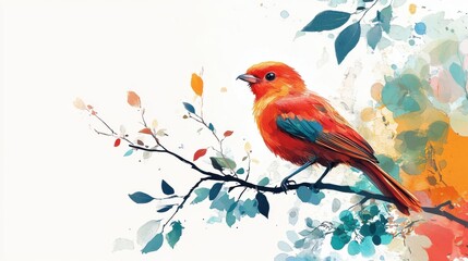 Watercolor Bird on Branch: A vibrant red bird perches on a delicate branch amidst a watercolor splatter of colorful leaves. Its plumage is a striking contrast to the soft hues of the background.