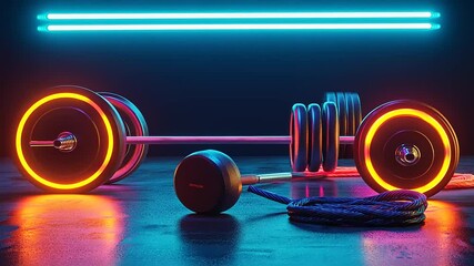 Neon Fitness: Glowing Barbell, Dumbbells, and Battle Rope - Powered by Adobe