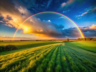 Naklejka premium Tranquil countryside sunset bathes a green field in low-light rainbow hues. Vibrant sky!