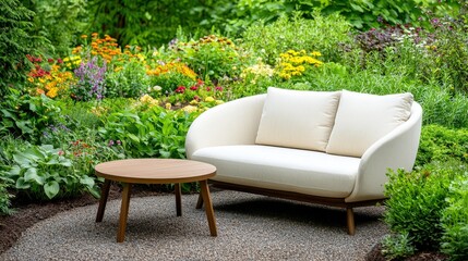 The garden lounge features a cozy sofa and table set, surrounded by lush greenery and colorful flowers