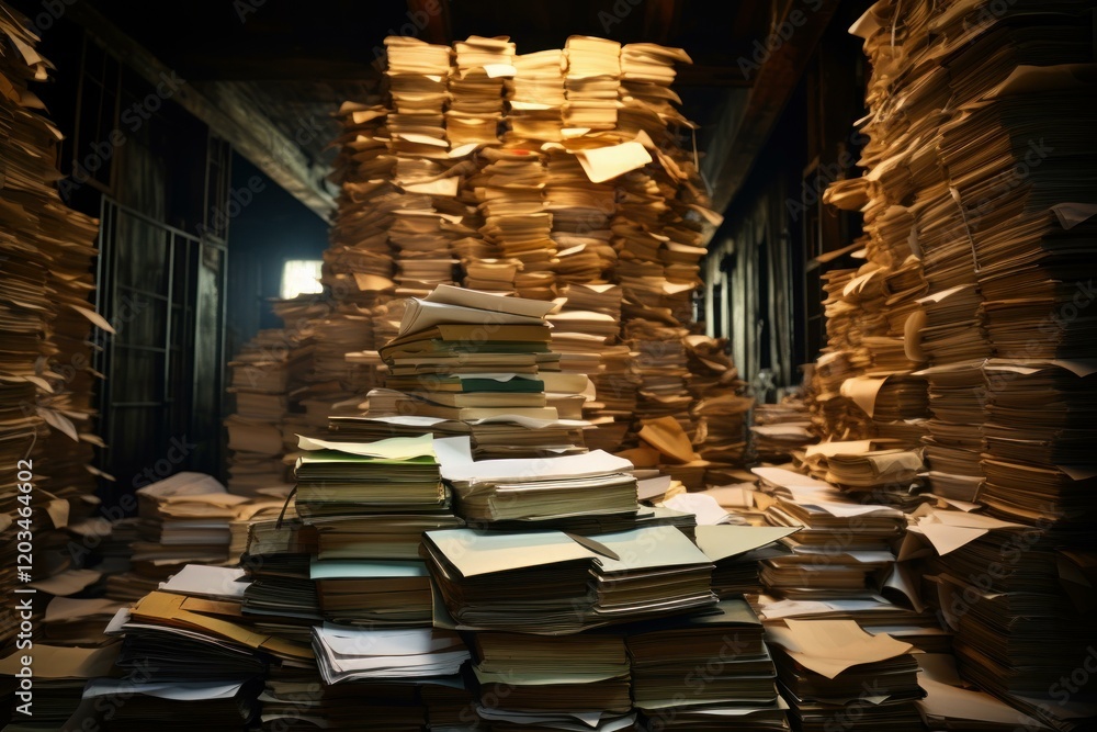 Poster stacks of paper documents and files create a disorganized and cluttered archive, highlighting inform