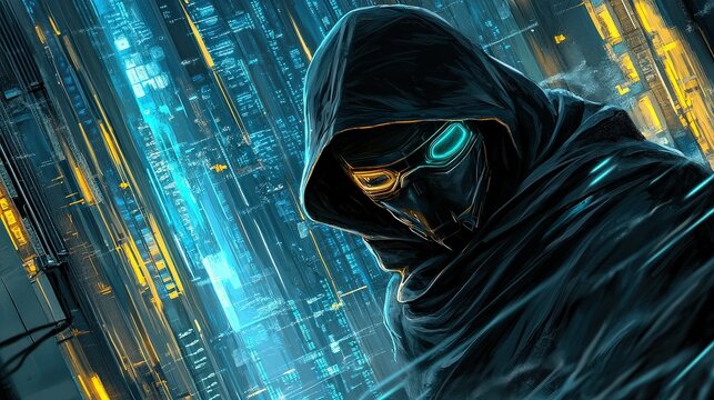 An illustration of a hacker in action,  with floating codes behind him. 