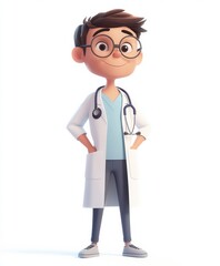 Fototapeta premium Smiling Cartoon Doctor Character with Stethoscope Standing Confidently, 3D