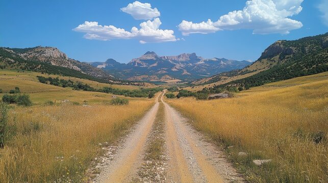 Dirt road stretching into the distance amidst golden fields and mountain range under a bright sky with fluffy clouds