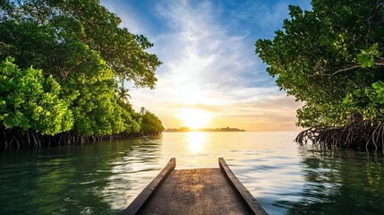 Fototapeta premium Lush mangrove forest thriving in a vibrant tidal ecosystem, showcasing rich biodiversity and unique wildlife interactions
