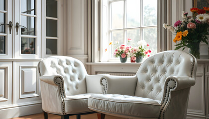 White leather vintage style chair in classical interior room with big window and flowers, colorful