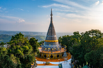 Aerial view landscape of Phra Maha Chedi Tripob Trimongkol (Stainless Pagoda) on Kho Hong mountain,...