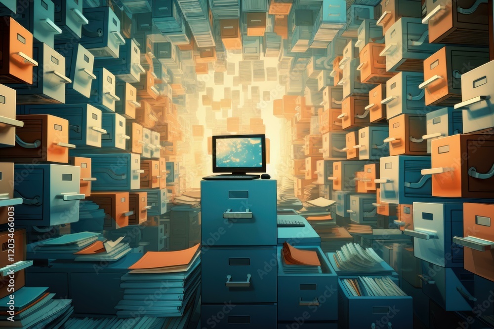 Aufkleber computer displaying a blue sky image sits on a filing cabinet in a room filled with filing cabinets 