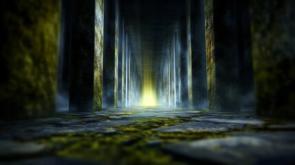 Mysterious glowing path winds between ancient stone pillars bathed in ethereal yellow light. AI Generated
