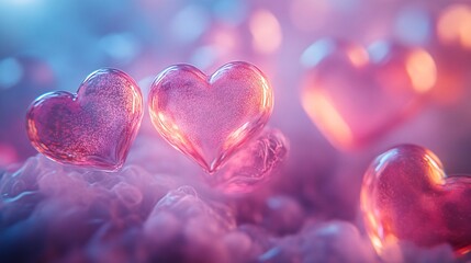 Obraz premium A glowing stream of floating jelly hearts gently drifting in a pastel mist