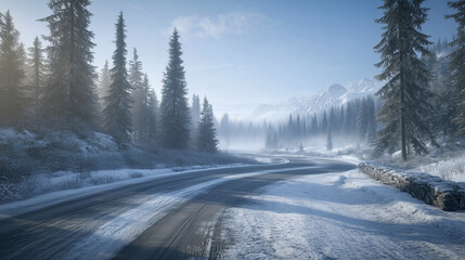 Snowy Winter Road in a Mountain Landscape