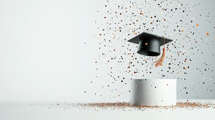 Graduation Celebration, elegant display of a graduation cap on a white pedestal, vibrant confetti accents, modern and clean design
