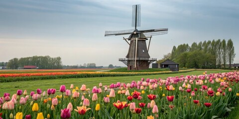 A majestic windmill standing proudly among a sea of colorful tulips and lush green grass, tulip fields, rural landscapes, windmills