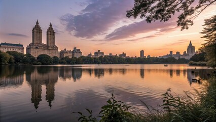Obraz premium A majestic lake reflecting the city skyline at dusk with gentle ripples, skyscrapers, sunset, cityscape, lake, reflection