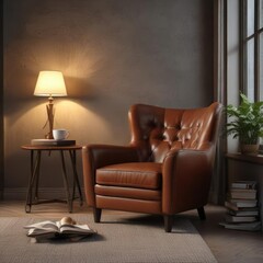 A luxurious leather armchair in a cozy reading nook with a cup of espresso on the side table , afternoon break, intellectual pursuits, quiet reading space