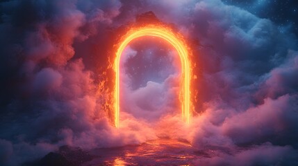 Obraz premium Electric neon orange archway radiates light amidst a backdrop of swirling smoke framed by laser beams creating an enchanting gateway to a futuristic realm in a cosmic space setting