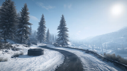 Snowy Winter Road in a Mountain Landscape