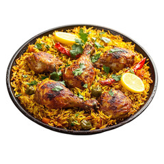 Delicious Chicken and Rice Dish Golden Yellow Rice Roasted Chicken Legs Cilantro Lemon Slices
