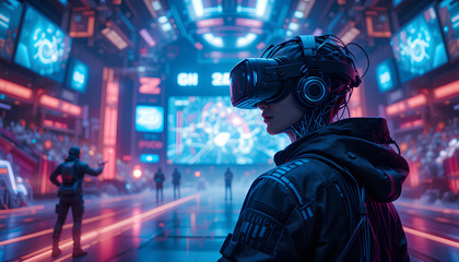 Futuristic Virtual Reality Experience in a Neon Cyberpunk Arena