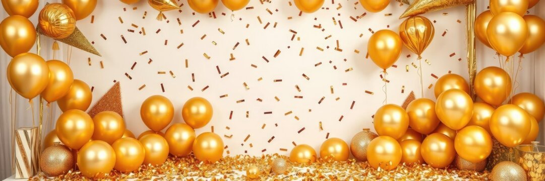 A lavish setup with gold balloons and confetti surrounded by luxurious decorations, event decor, confetti, gold balloons