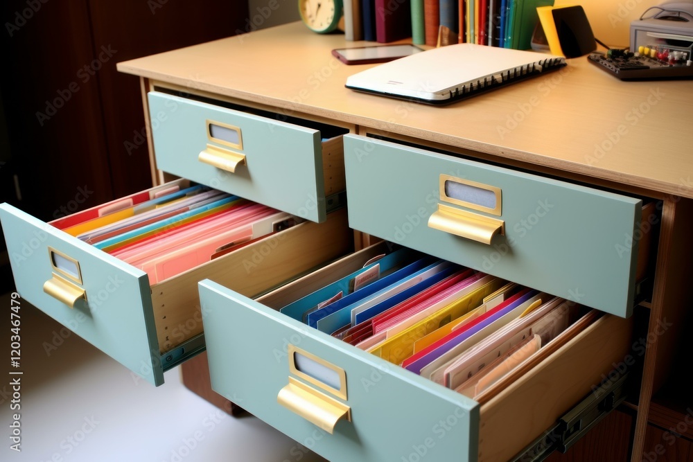 Poster open drawers revealing colorful files and folders, maintaining an efficient and organized workspace