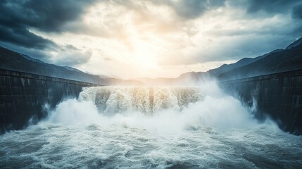 Fototapeta premium Majestic dam with thundering water flow, striking mountain backdrop, showcasing the grandeur of engineering and nature's force