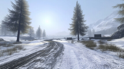 Obraz premium Snowy Winter Road in a Mountain Landscape