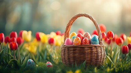 Easter Joy: Vibrant Basket of Eggs in Tulip Field with Copy Space Above