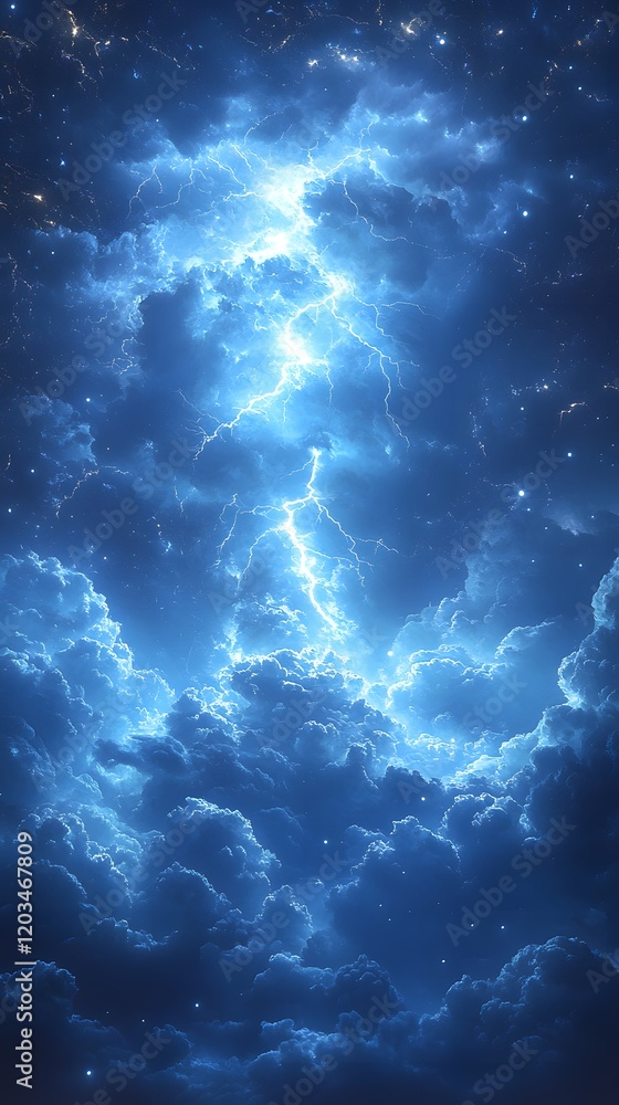 Poster electrifying display of thunder and lightning over a serene blue sky featuring dark storm clouds cha