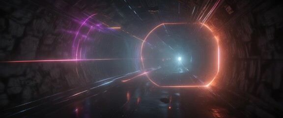 Obraz premium A colorful laser beam cuts through a dark tunnel, creating a mesmerizing display of light and color, colorful beams, tunnel light show