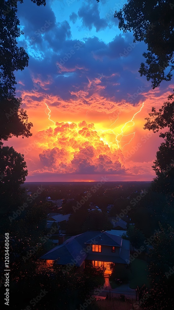 Aufkleber electrifying display of thunder and lightning over a serene blue sky featuring dark storm clouds cha