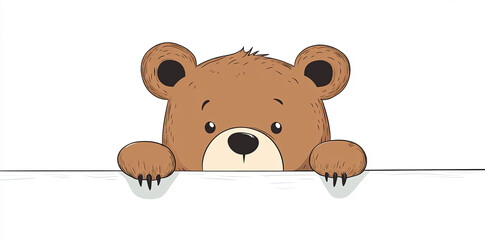 Fototapeta premium A cute bear peeks over the edge of a white background in a minimalist, kawaii style. The simple, clean lines and soft colors make it a playful and endearing illustration.