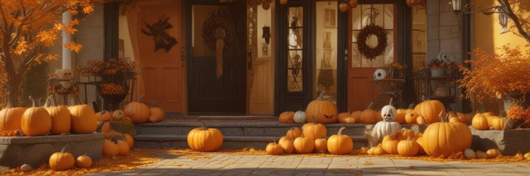 A collection of colorful Halloween posters featuring pumpkins, skeletons, and other autumnal decorations in a vibrant orange and yellow color scheme, pumpkins, colorful poster