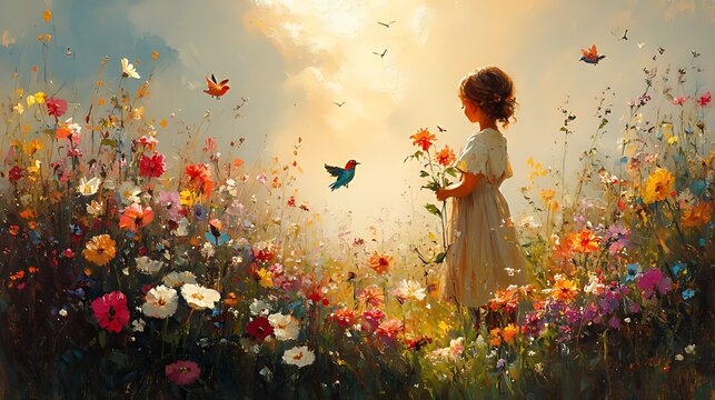 Girl admires bird in vibrant floral field, sunset
