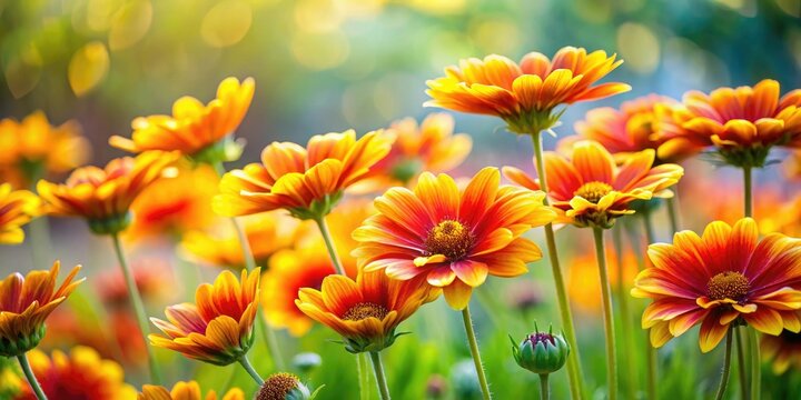 A cluster of vibrant orange and yellow sprint flowers swaying in the breeze, bright orange flowers, daisy like flowers