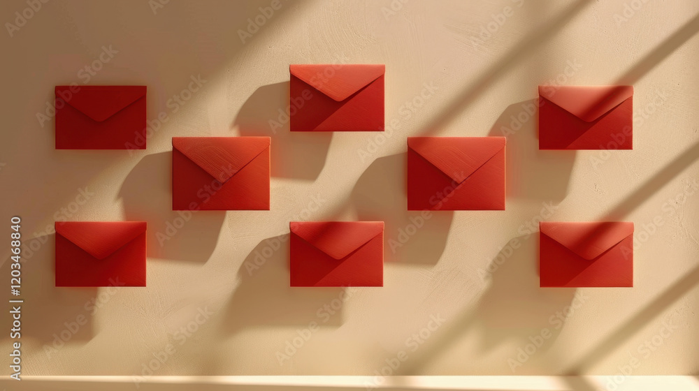 Aufkleber red envelopes arranged on wall, casting shadows, creating vibrant and artistic display. composition 