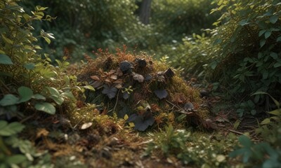A carpet of leaves and twigs surrounds an anthill in a dense thicket of brambles, dense foliage, outdoor landscape, nature scenery