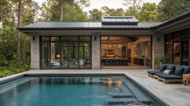 Sophisticated pool house design showcasing sleek architecture and serenity modern outdoor living space tranquil suburban environment inviting viewpoint