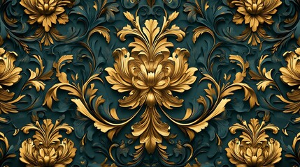 4D victorian dark turquoise and gold floral pattern, detailed leaves, masterpiece, 