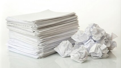 A bunch of crumpled white papers stacked together in a neat pile, paper organization, paper stack